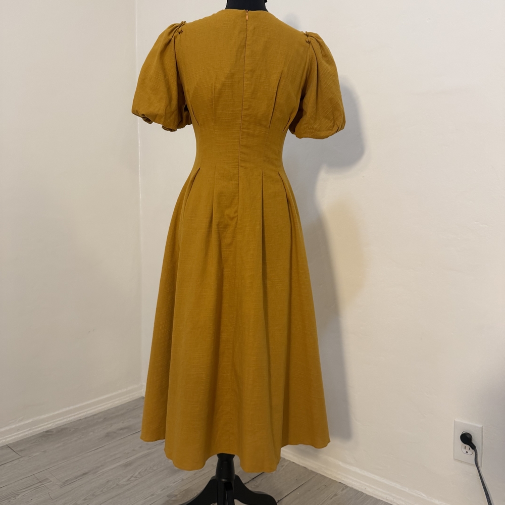 Elegant Mustard Puff Sleeve Dress - Picture 4 of 12